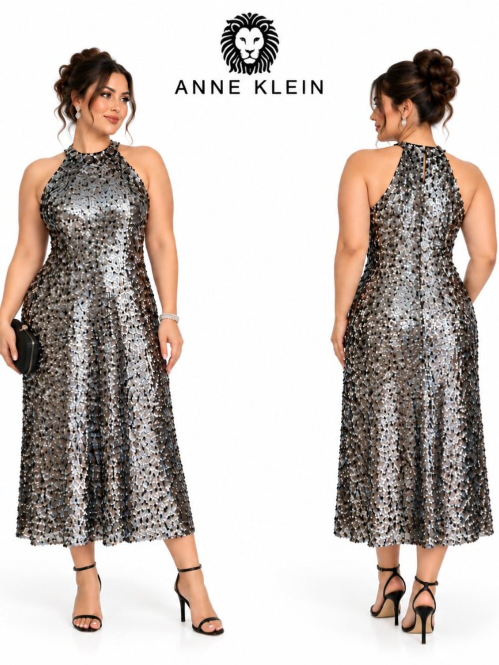 Anne Klein Women Gunmetal Sequin Halter Midi Dress Size 16 NWT 11882867-80X